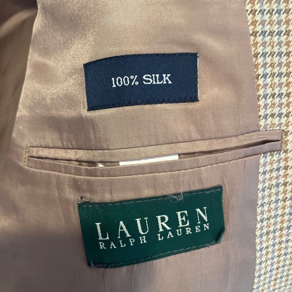 Ralph Lauren Men 44R Sport Coat Blazer Tan Beige Houndstooth Wool/Silk Jacket - Picture 2 of 6